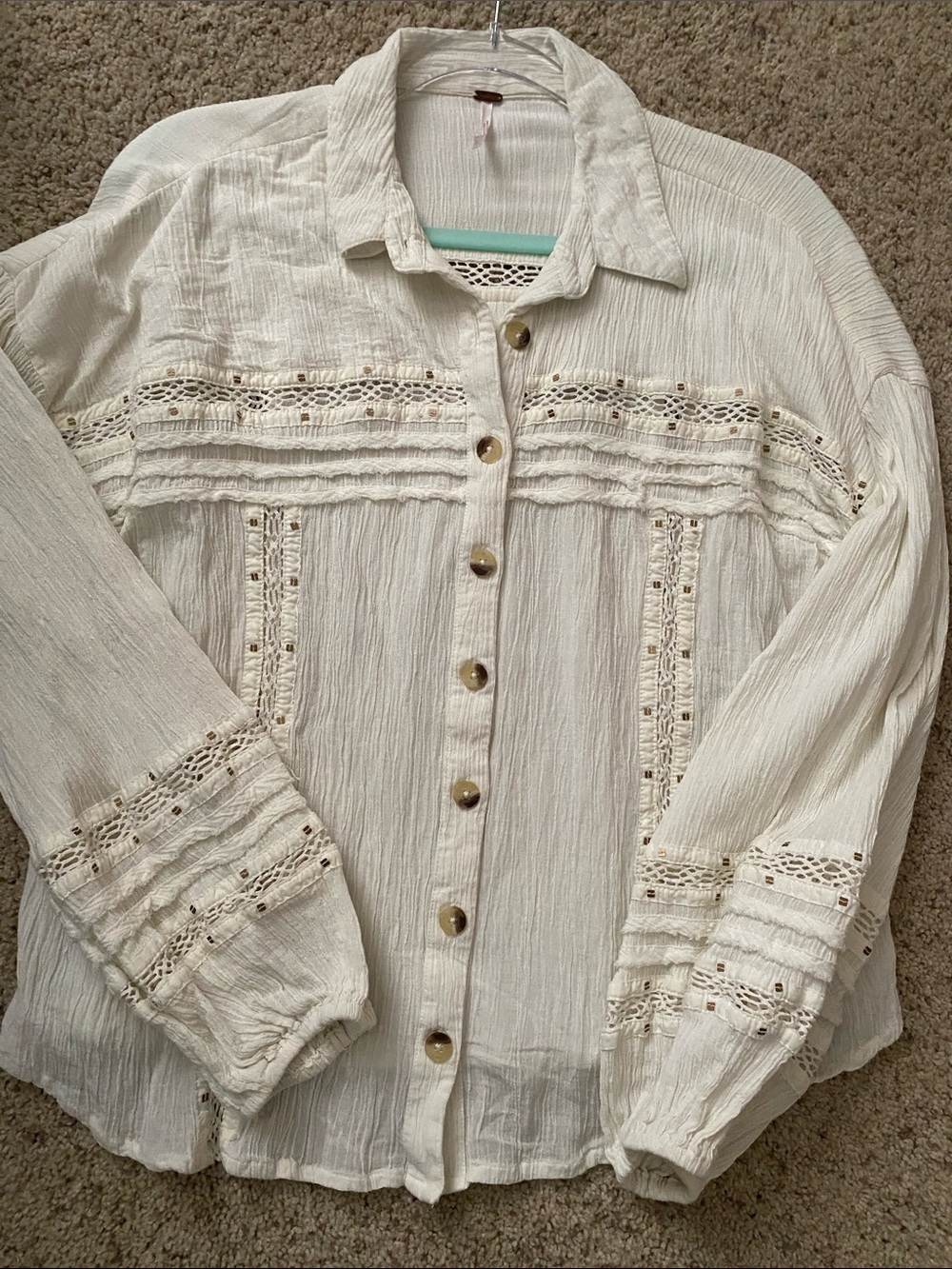 Free People Cream Lace-Trim Button Down Shirt